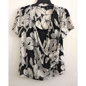 Tahari 2 Piece Blouse XL Black Cream Floral Sheer Top with Tank Camisole